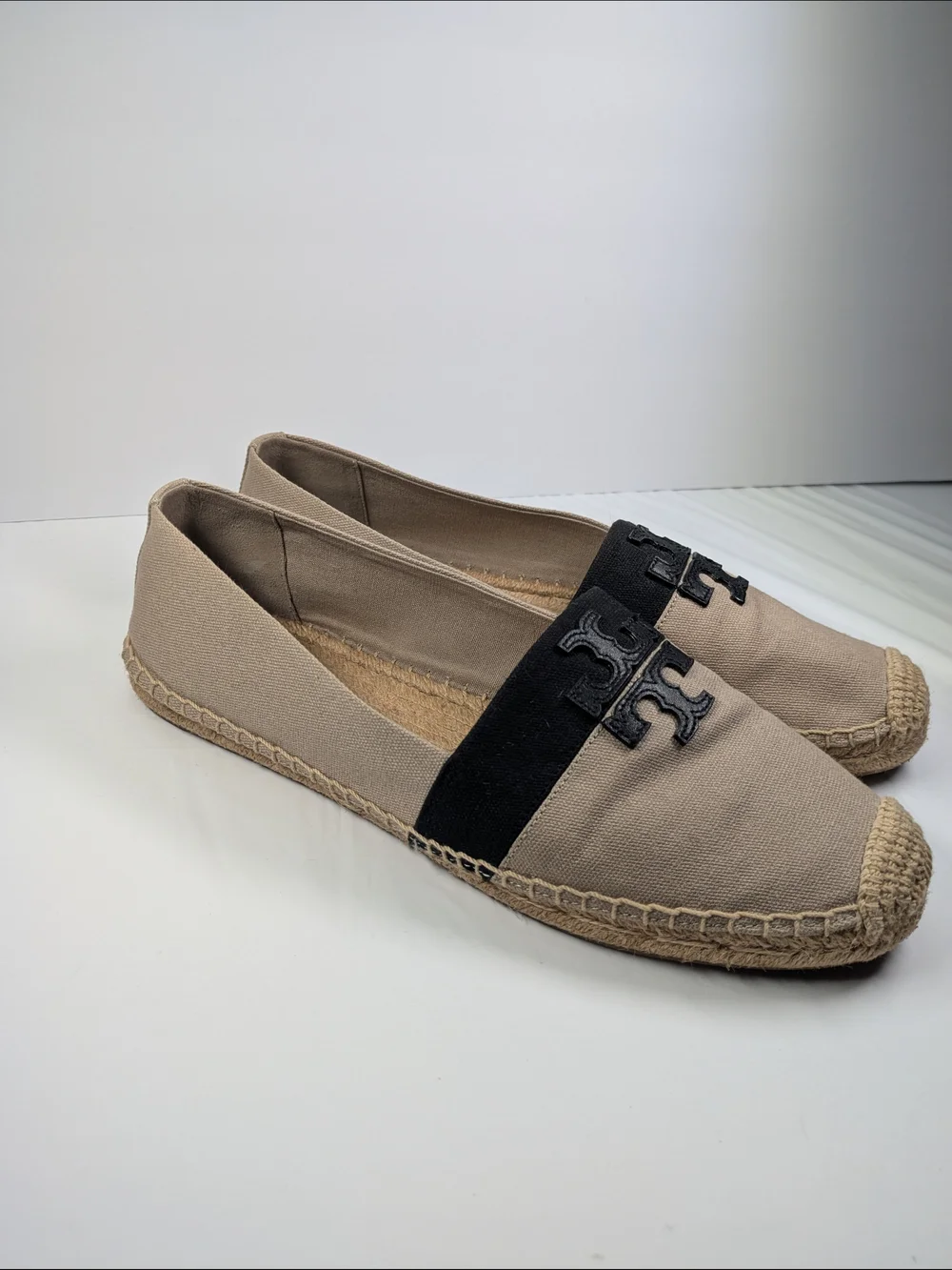 Tory Burch Women’s Beige Espadrille Slip-Ons with Black Trim